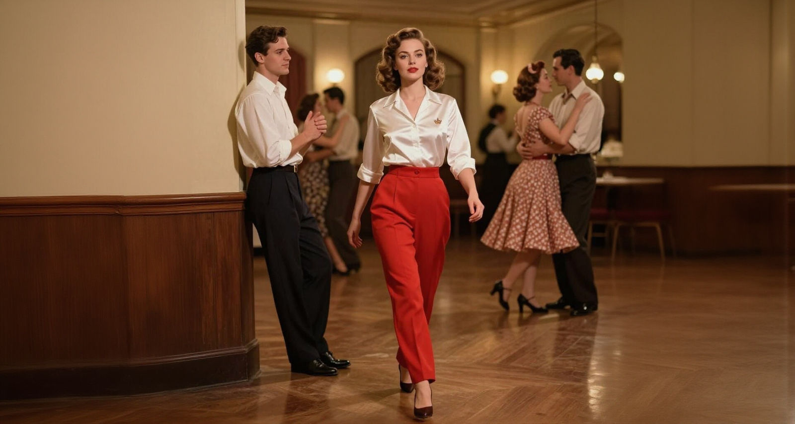 1950s Dance Hall Romance: Confident Woman Meets Admiring Man