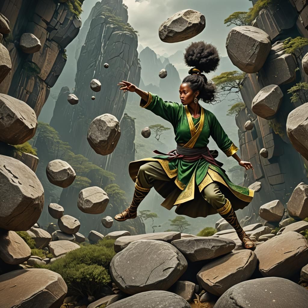 Melanated Woman Earth Bender in Ancient Garments