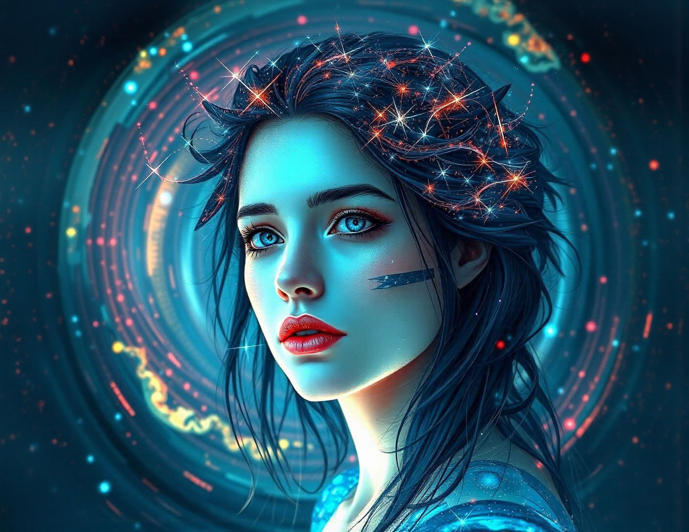 Bioluminescent Woman Portrait with Digital Glitch Effects