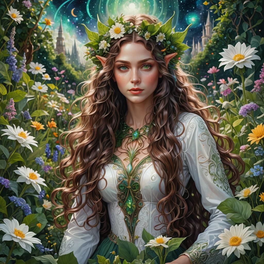 Elven Woman in Flower Garden, Astral Illustration