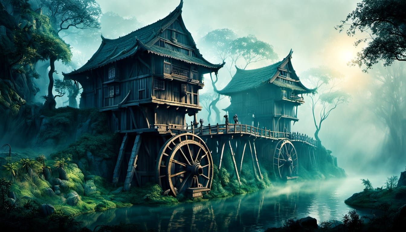 Mystical Waterwheels of Terra in Golden Light