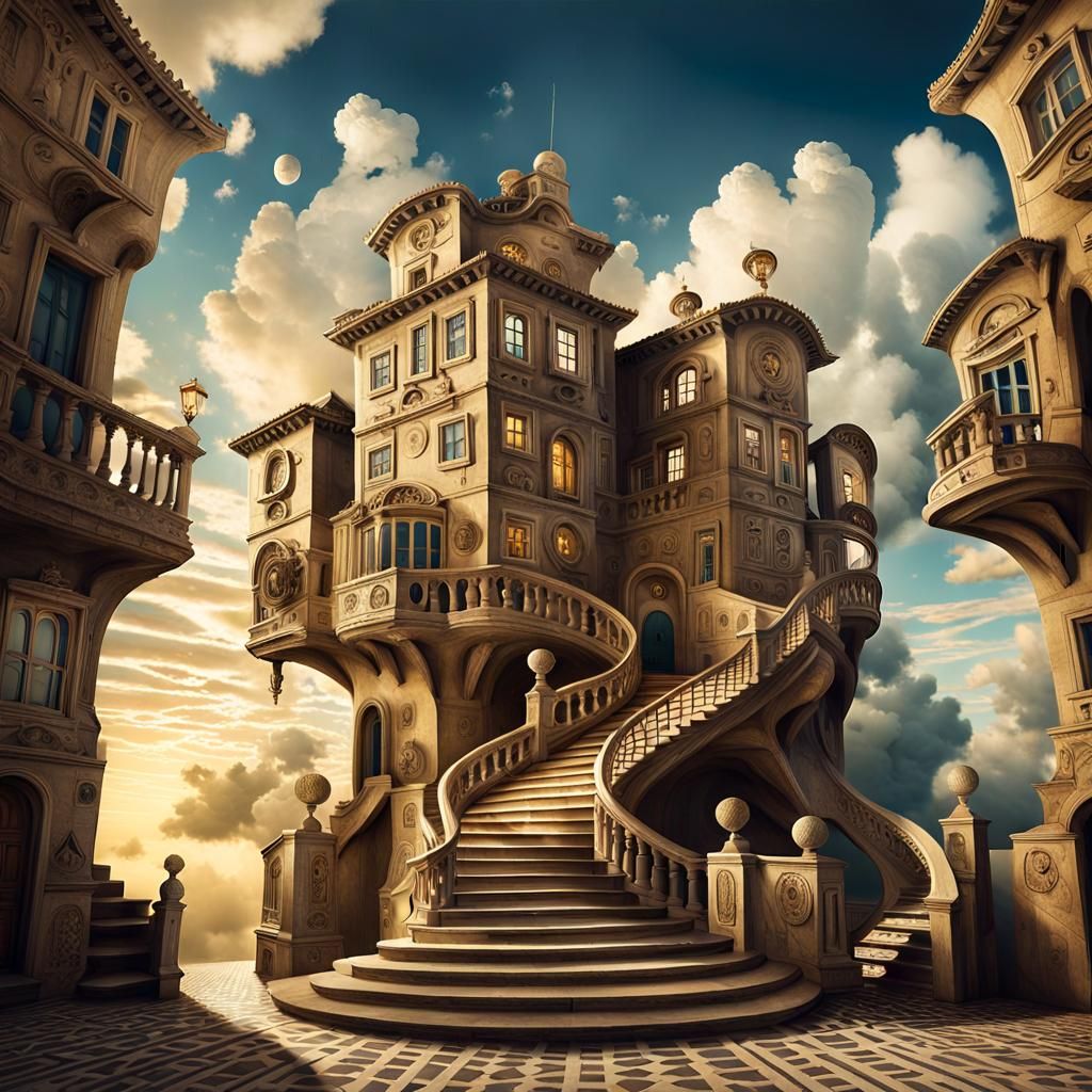 Surreal Navigator's Dreamlike House in Golden Light