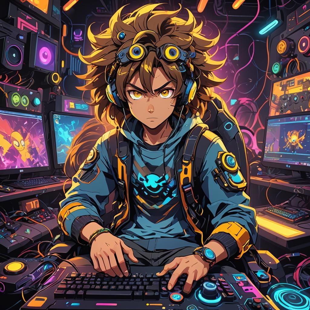 Anime Gamer in Beast Mode with Glowing Controller