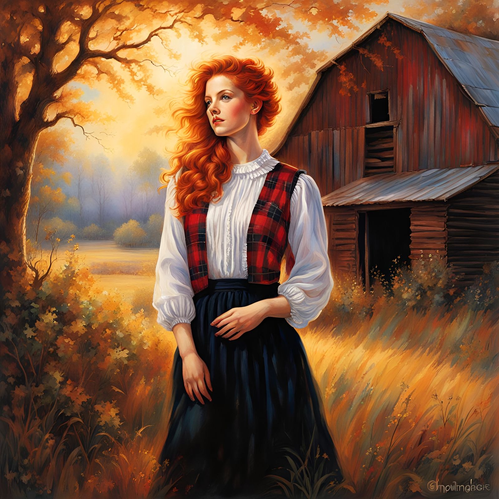 Radiant Redhead in Plaid Jumper by Barn, Watercolor