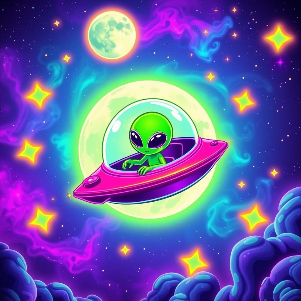 Vibrant Galaxy Scene with a Little Green Alien in a Cosmic S...