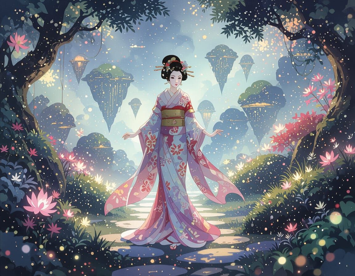 Mystical Geisha in Magical Garden, Fantasy Art
