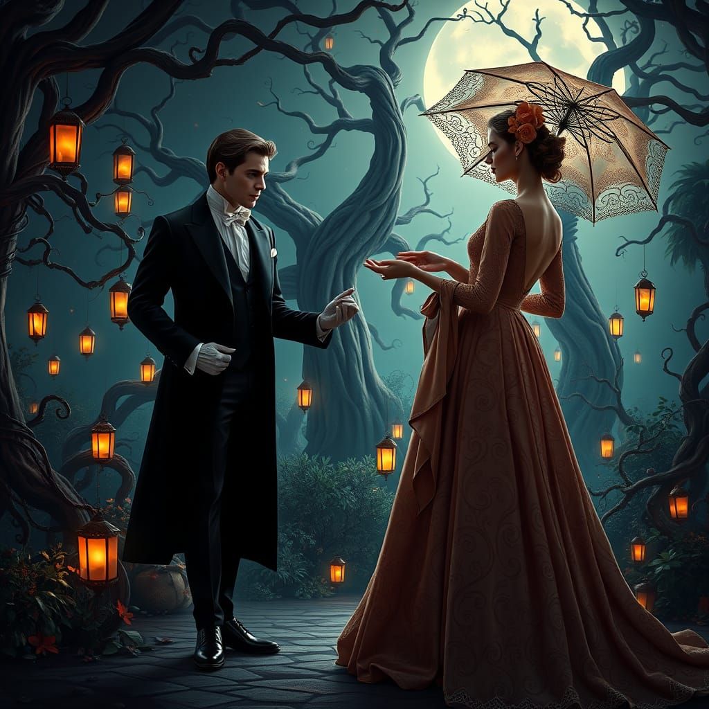 Elegant Couple in Mystical Moonlit Garden