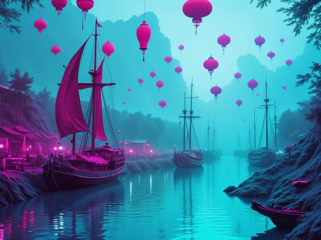 Vivid Floating Lanterns in Pink, Blue, and Turquoise