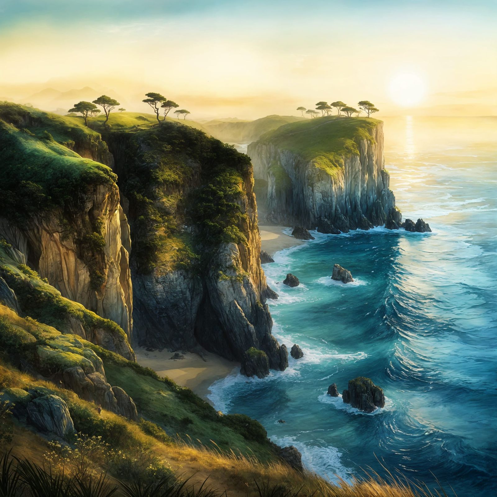 Coastal Cliffs at Sunrise: Rackham and Kinkade Style