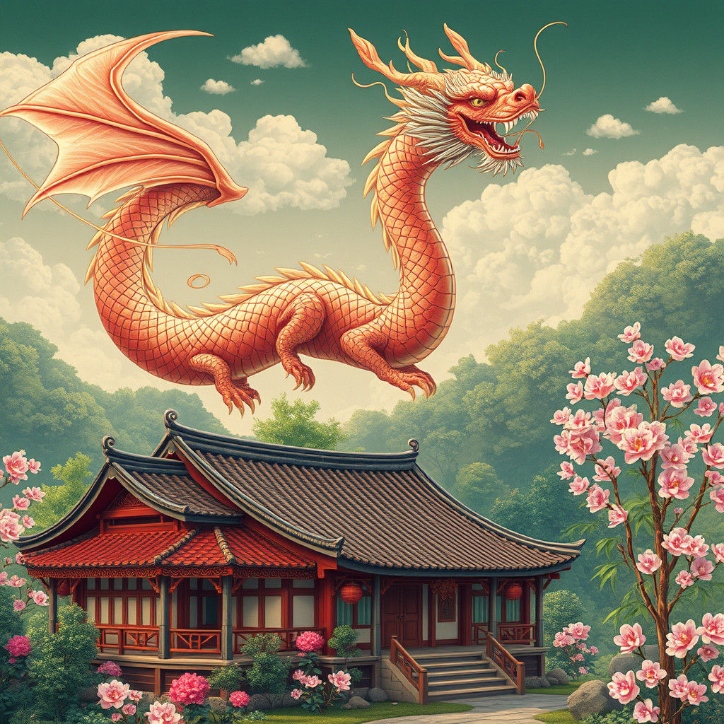 Wingless Dragon Soaring Over Chinese Garden, Folk Art