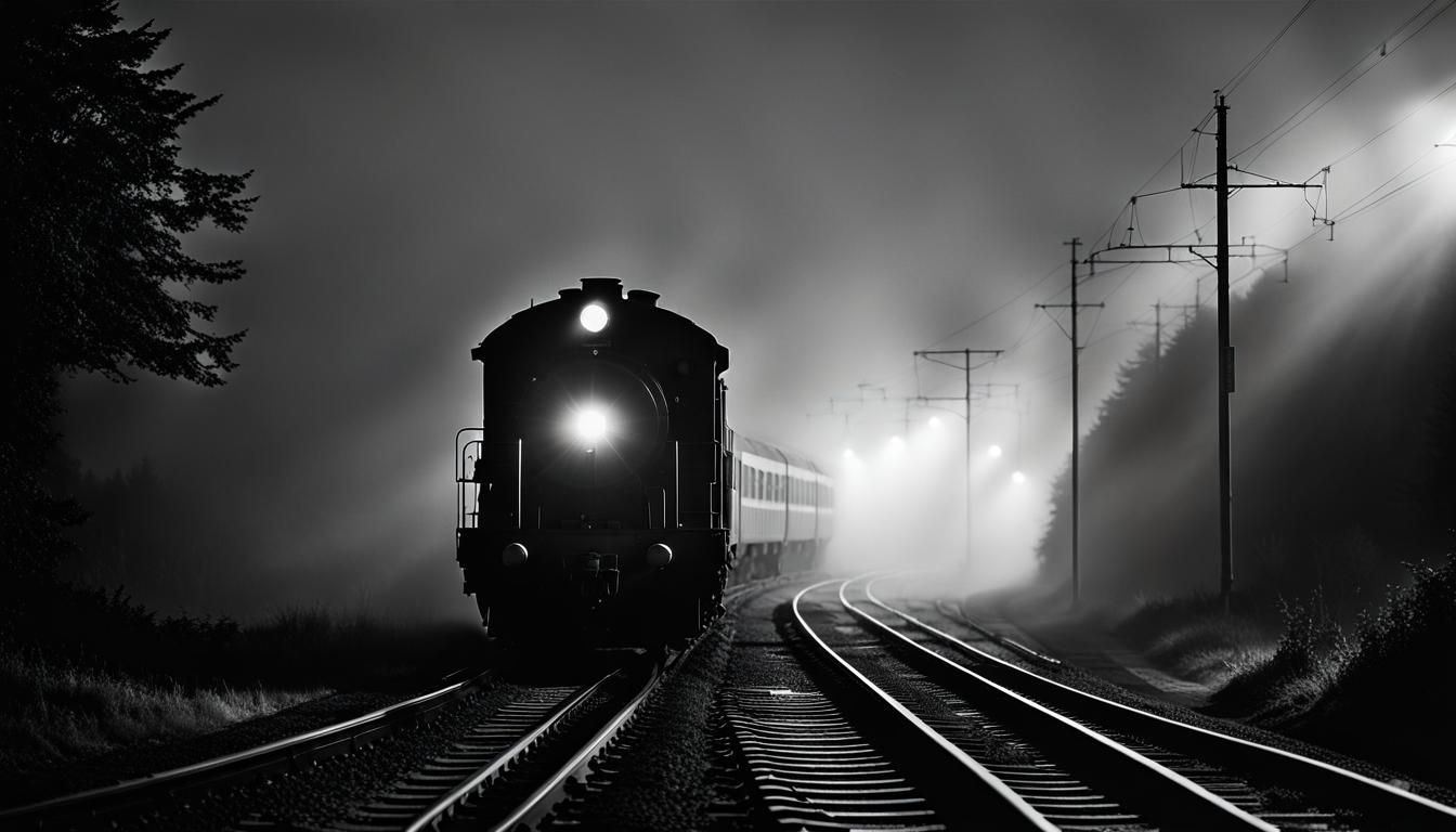 Train Emerges from Fog in Ansel Adams Style