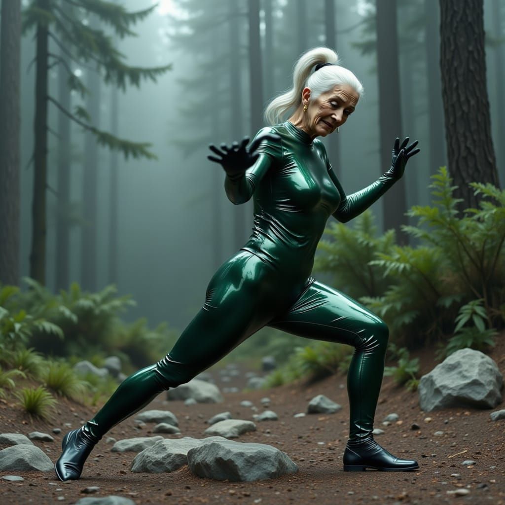 Elderly Woman Performing Tai Chi in Misty Forest