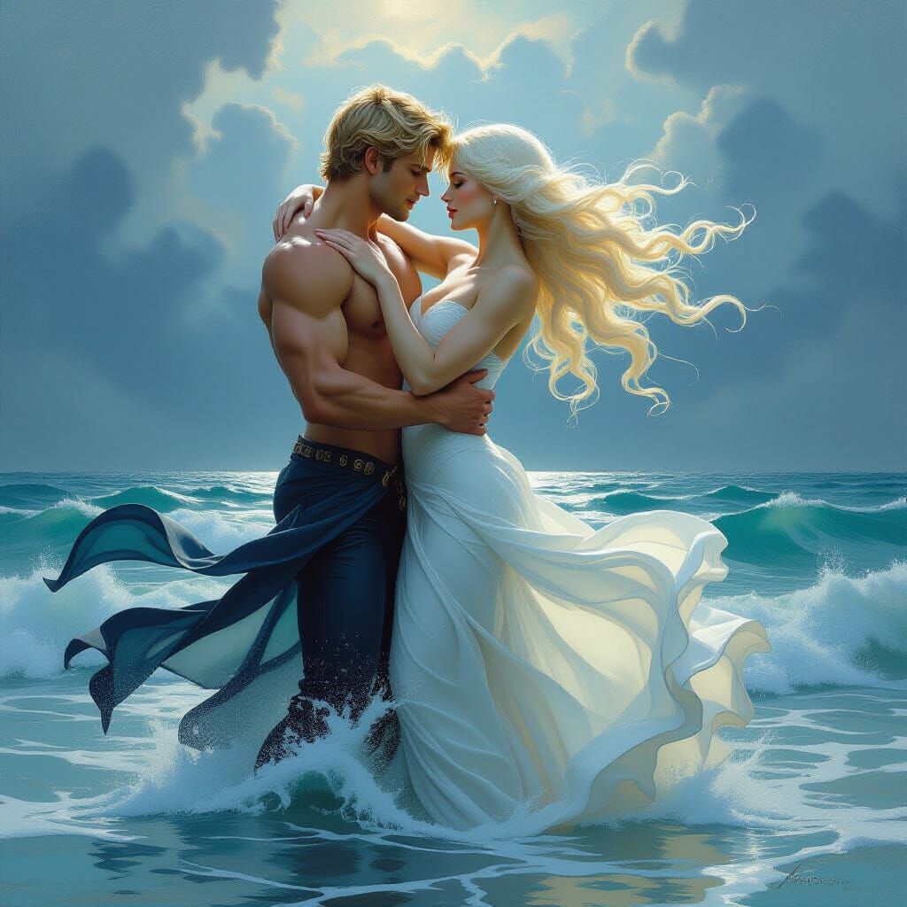 Water and Wind Spirits Embrace: A Classical Oil Painting