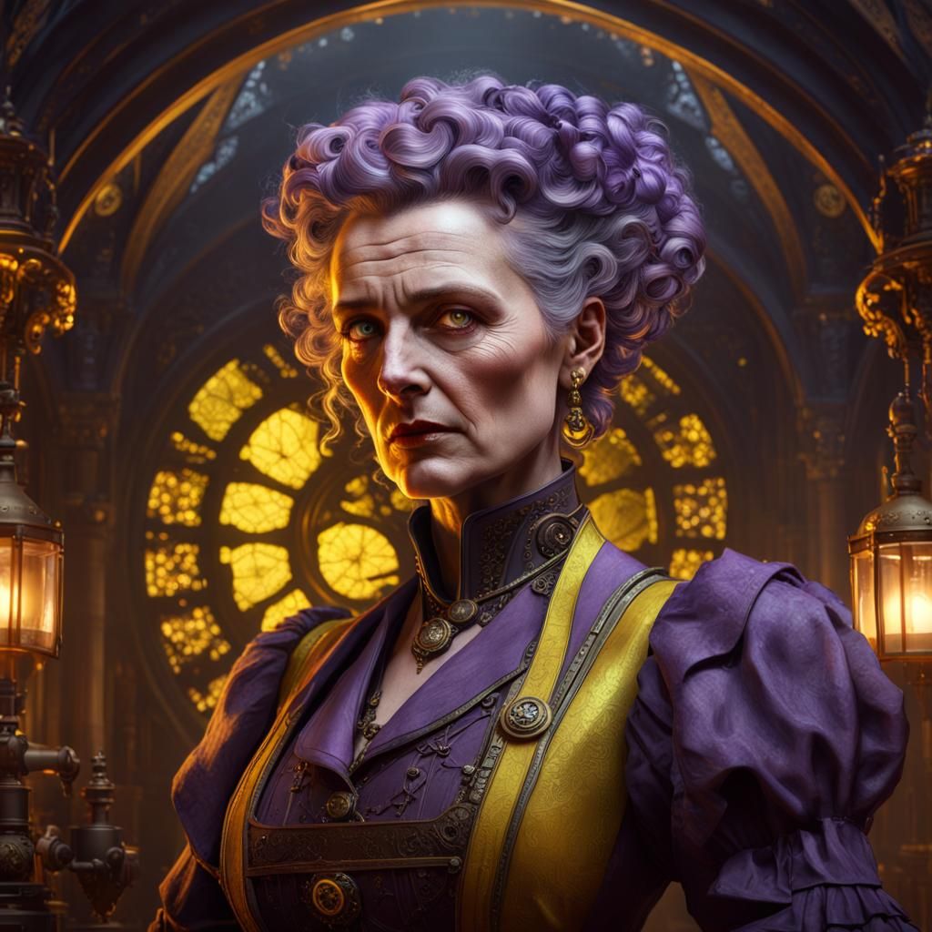 Steampunk Marie Curie in Dark Fantasy Style