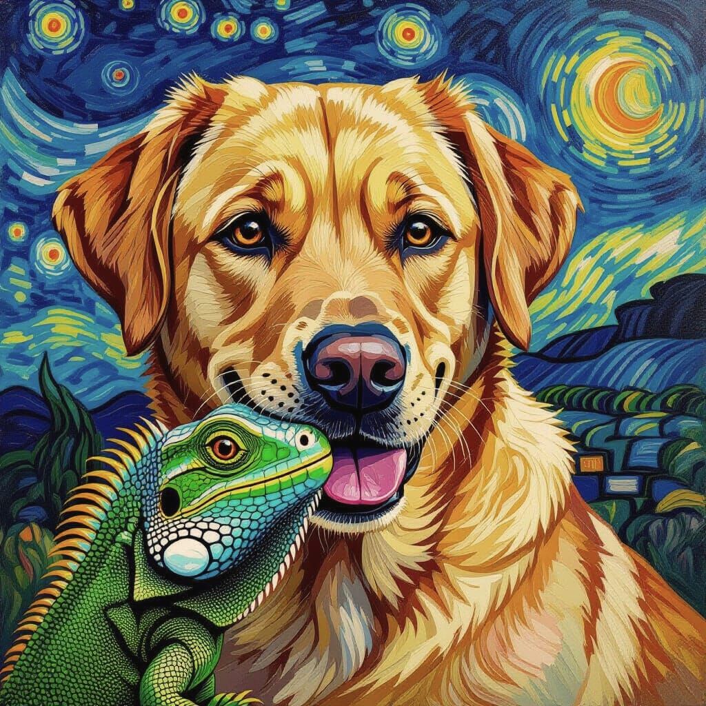 Hyperdetailed Labrador Licks Iguana Portrait in Van Gogh Sty...