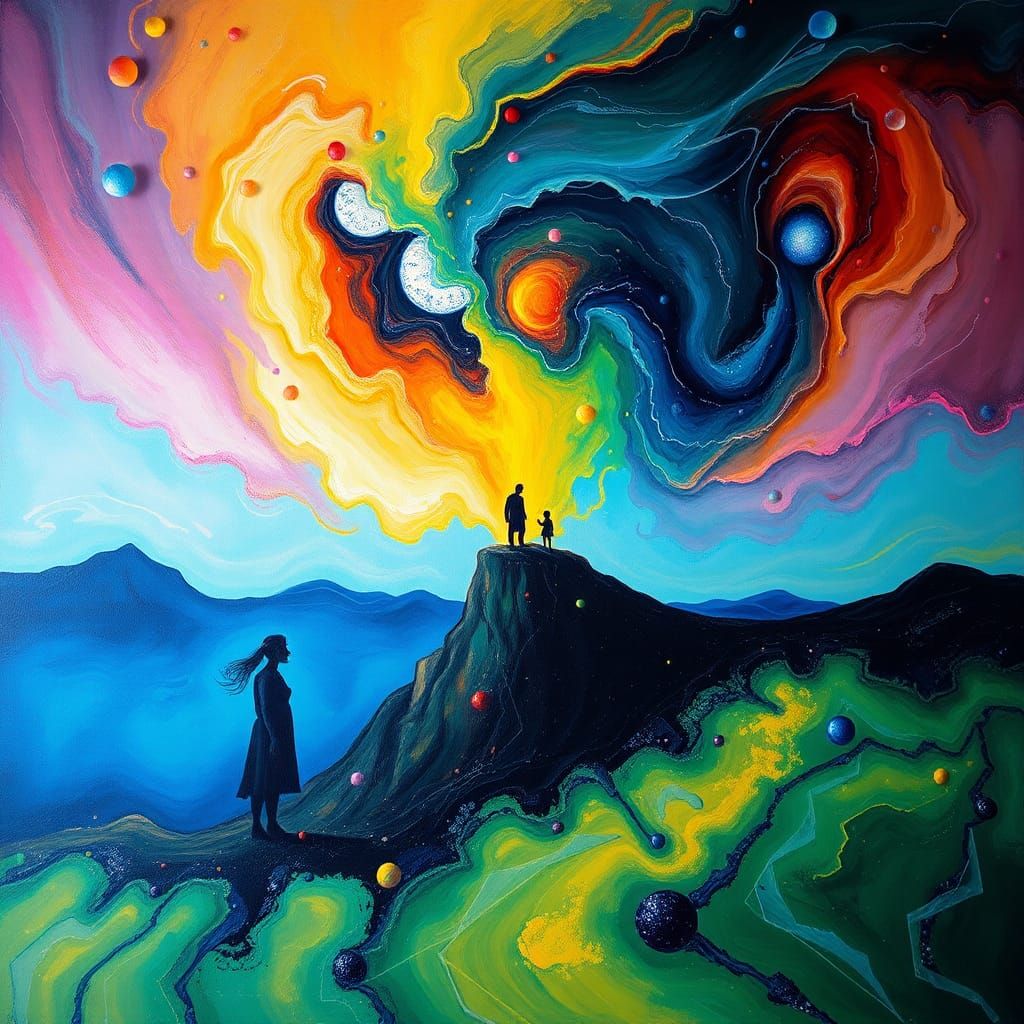 Surreal Expressionist Painting with Human Silhouettes