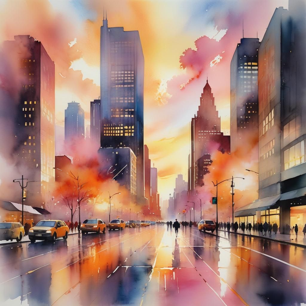 Cityscape Sunset: Expressive Watercolor Painting