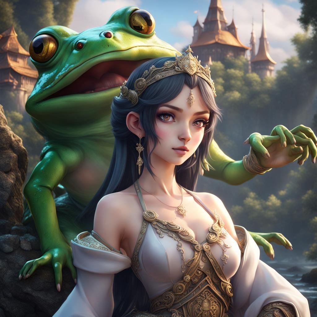 Anime Princess with Frog in Detailed Digital Painting