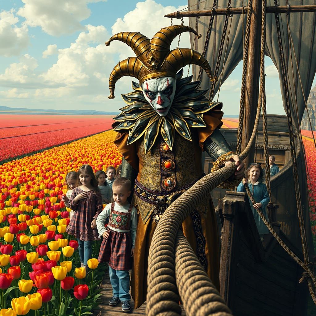 Ominous Harlequin Leading Procession, in Dürer Style