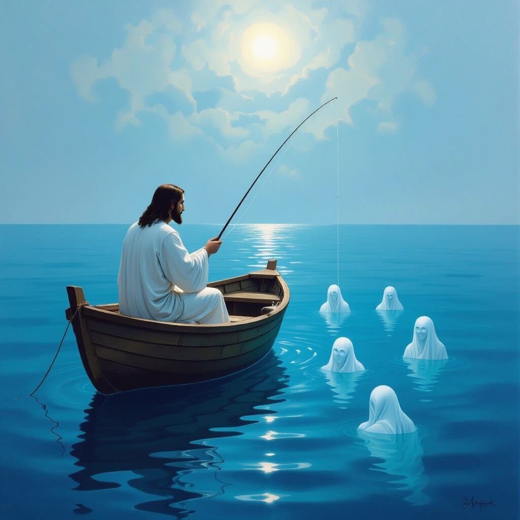 Jesus Fishing For Souls In Surreal Blue Sea