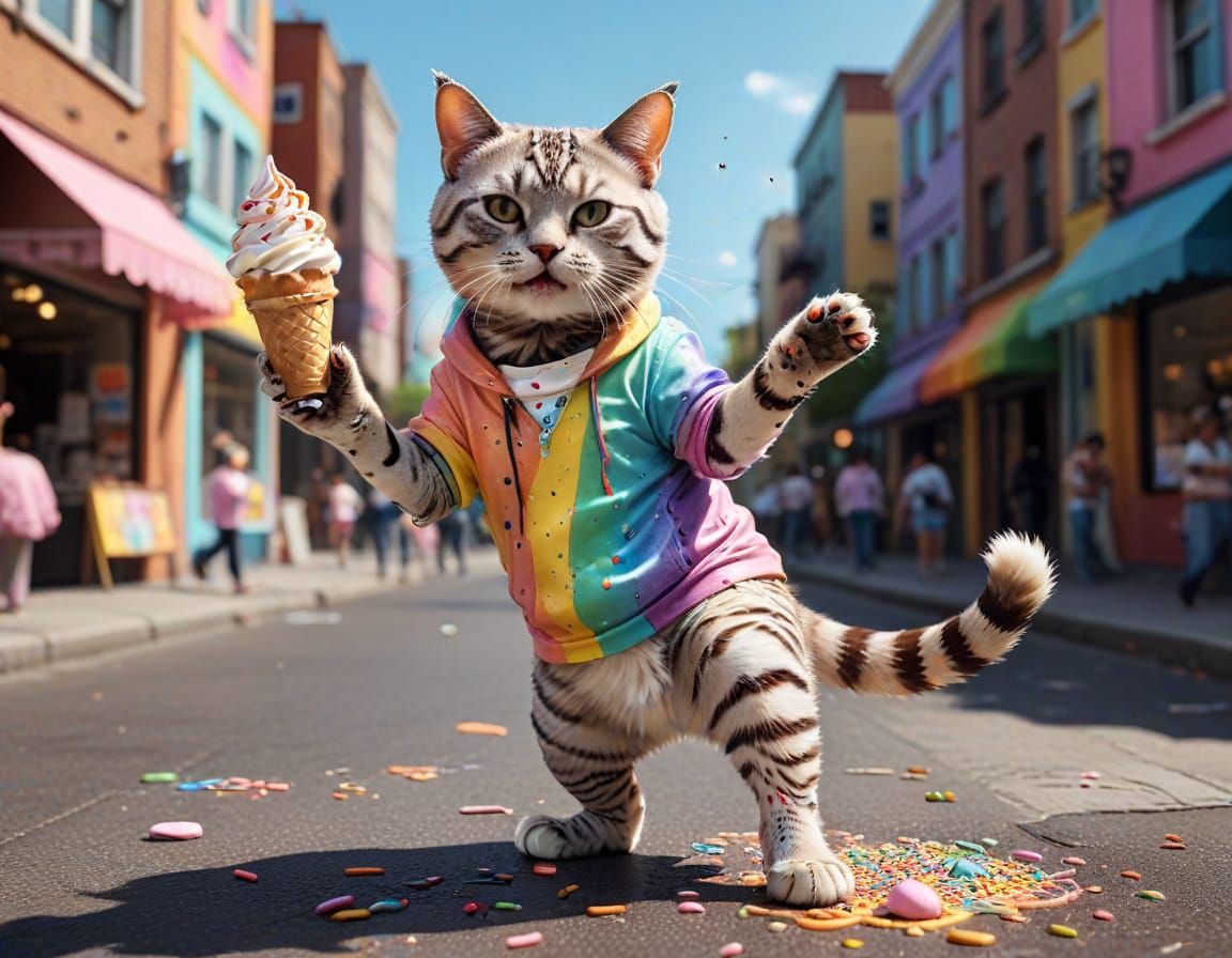 Cat Ice Cream Artist Breakdancing in City Street