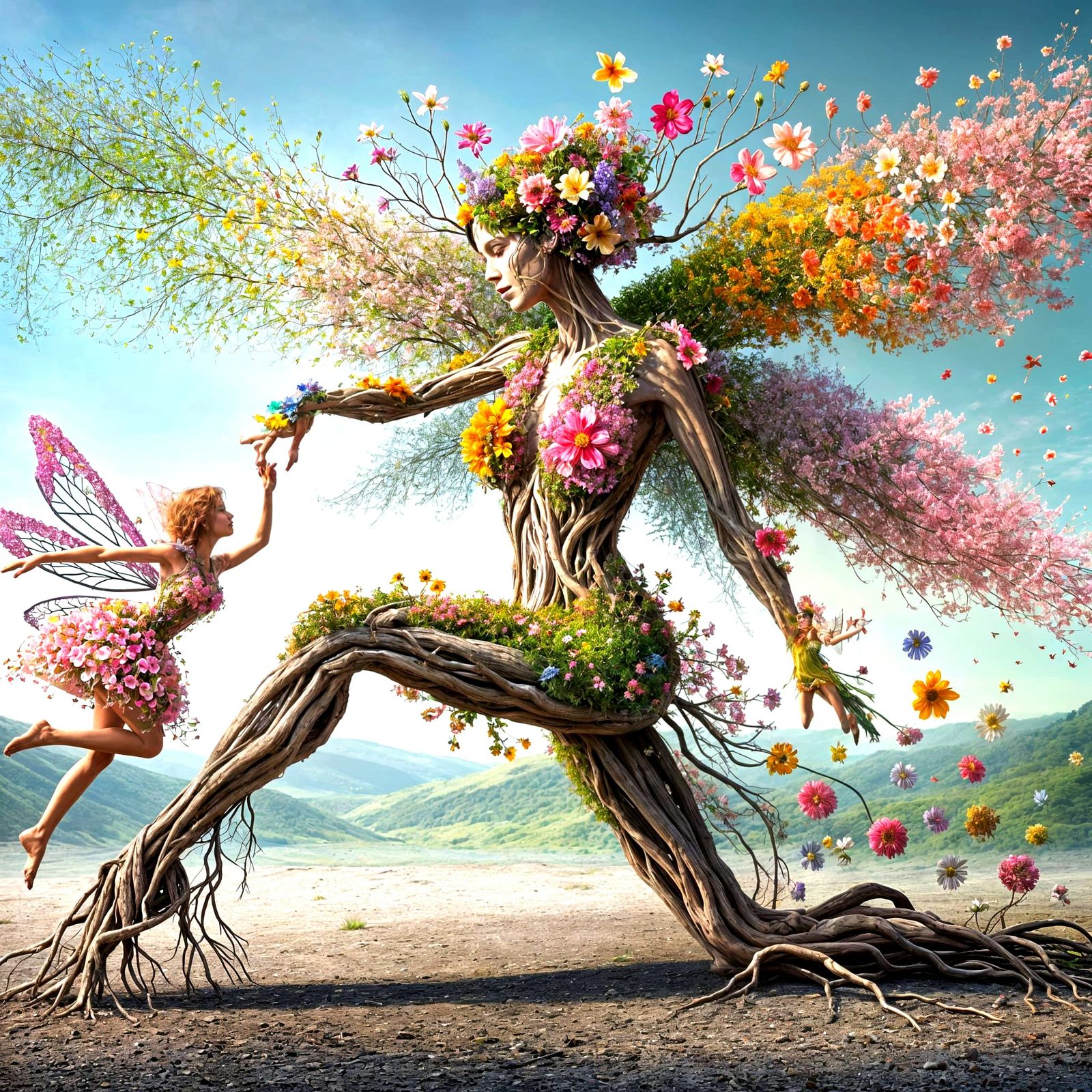 Enchanted Tree Goddess with Blooming Flowers and Delicate Fa...