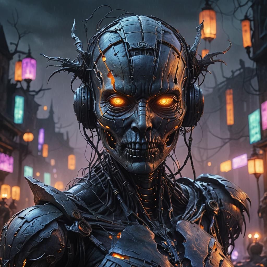 Cybernetic Pumpkin Woman in Graveyard Concept Art