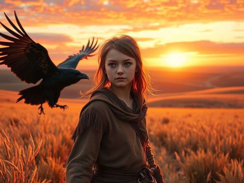 Ethereal Prairie Goddess Follows Majestic Raven at Sunset
