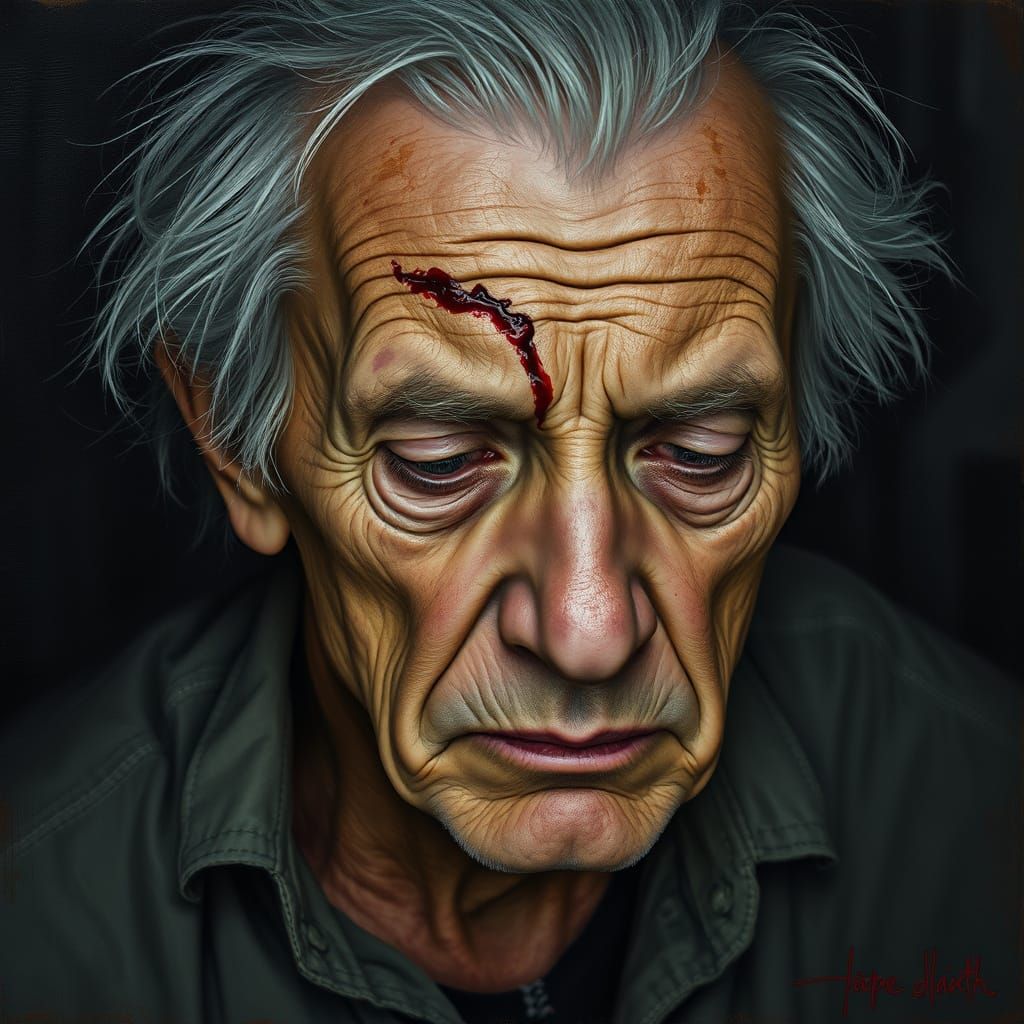 Aging Man's Despair in a Gritty, Somber Atmosphere