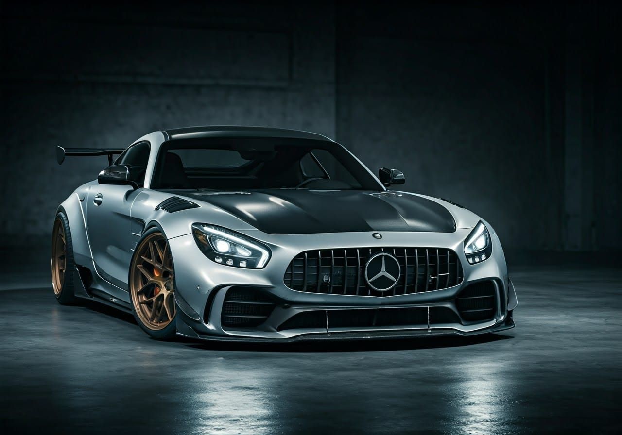 Sleek Silver Mercedes-Benz AMG GT in a Dark Garage, Showcase...