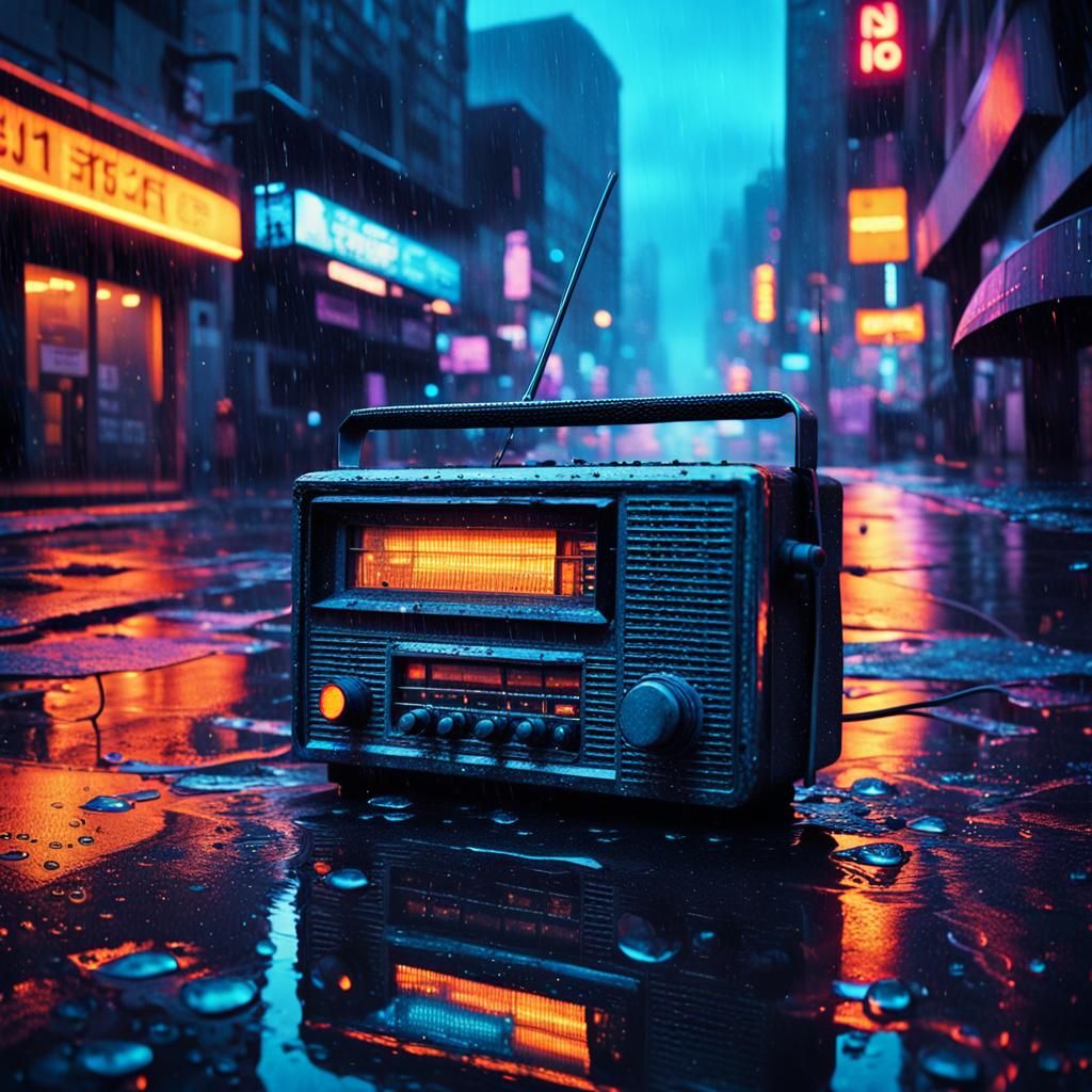 Cyberpunk Radio in Rainy Cityscape