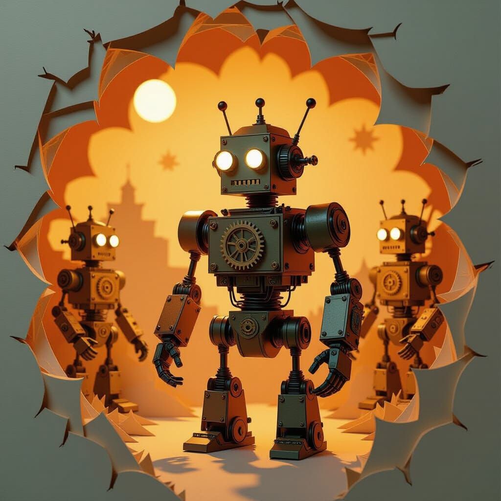 Whimsical Papercraft Steampunk Robots in Golden Hour