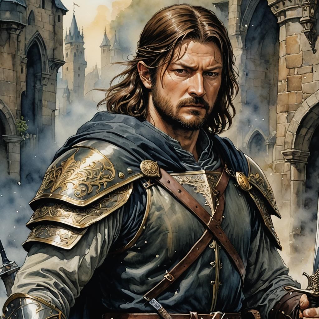 Watercolor Fantasy Warrior with Sword in Anime Style