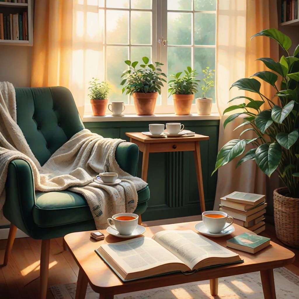 Cozy Room Interior in Watercolor Style