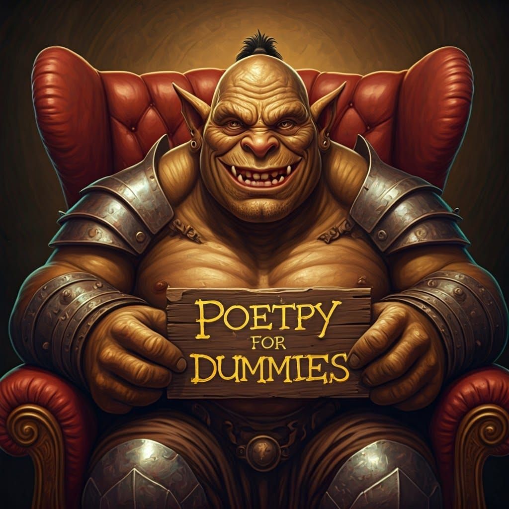 Jovial Orc Smiles with Poetry for Dummies Sign