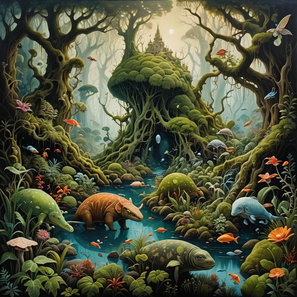 Surreal Oil Painting of Blended Ecosystems