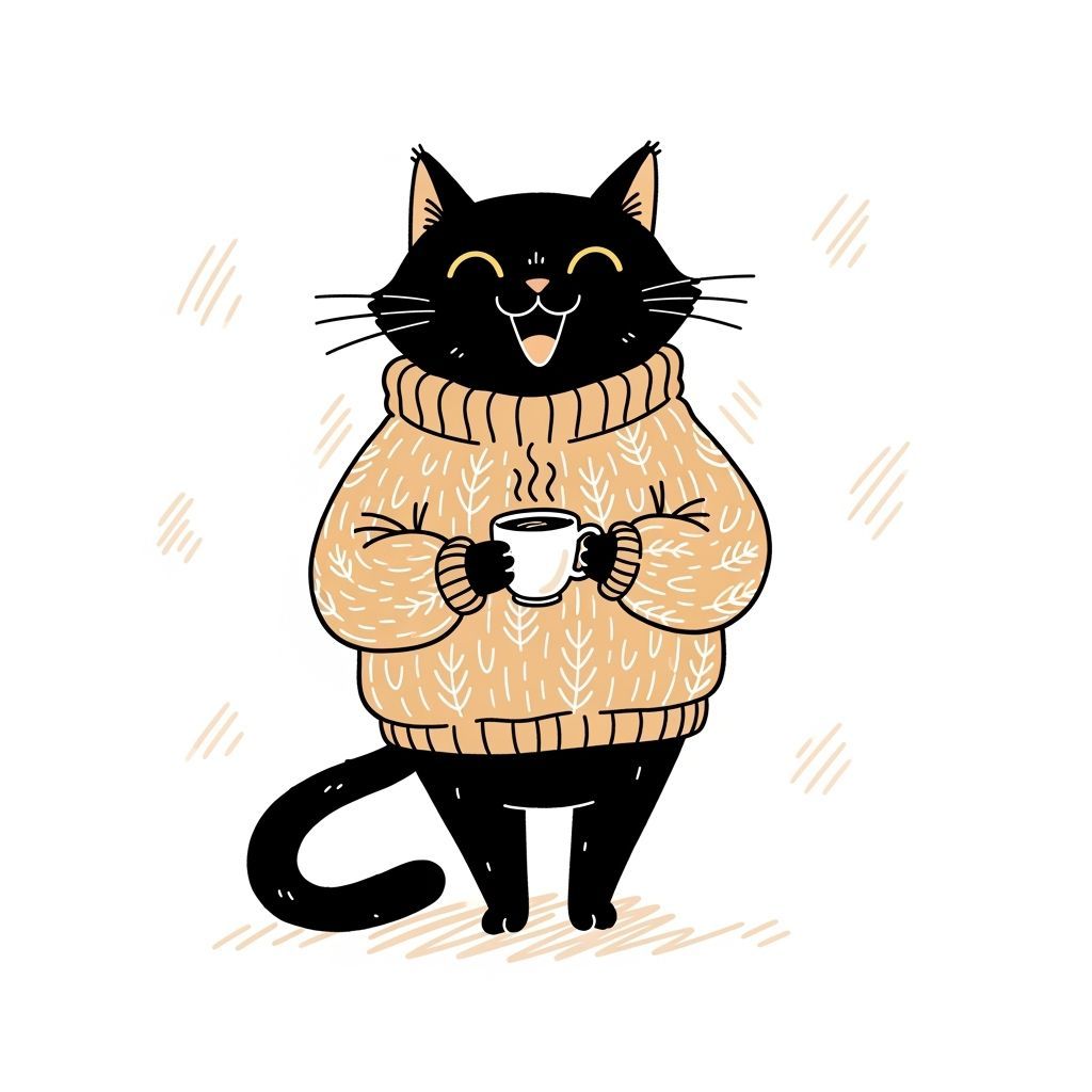 Cute Black Cat Drinking Coffee in Doodle Style
