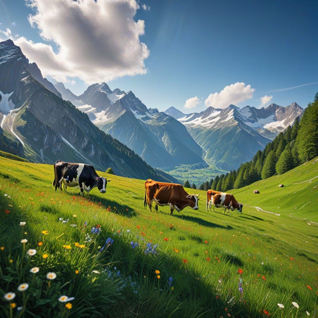 Impressionist Swiss Alps with Grazing Cows