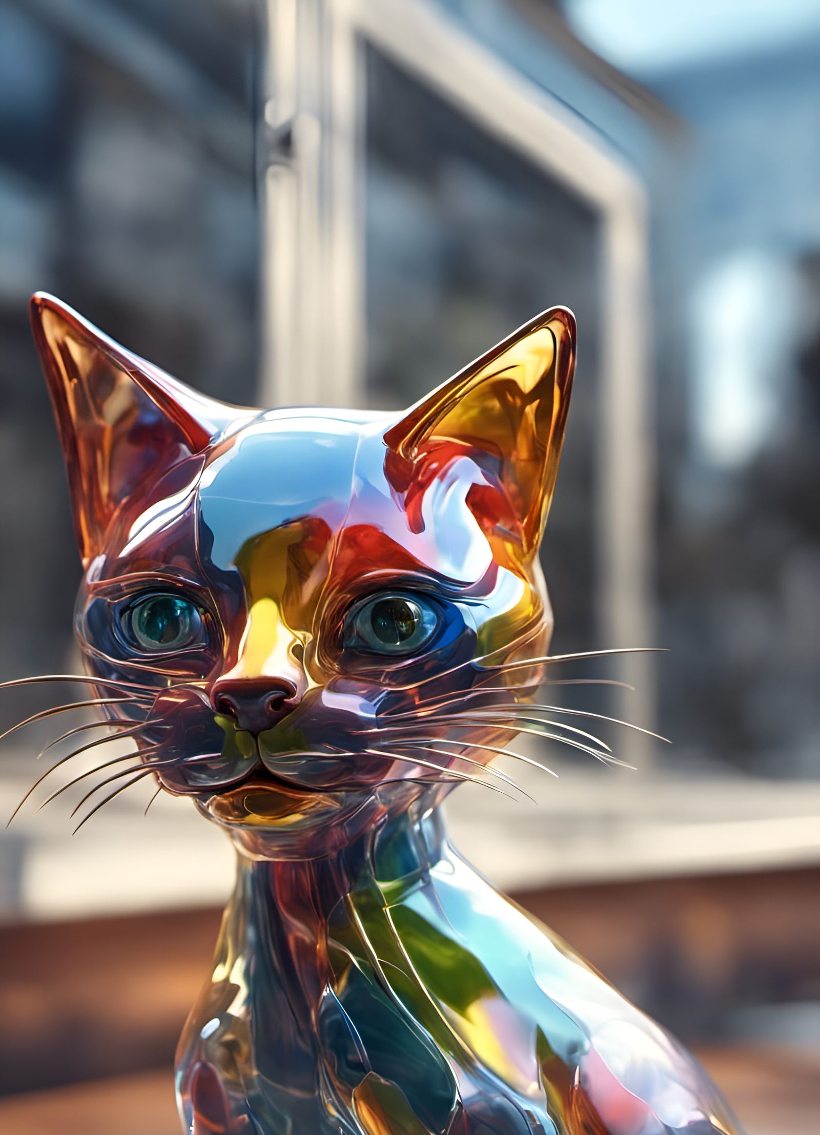 Reflective Multicolored Glass Cat Sculpture