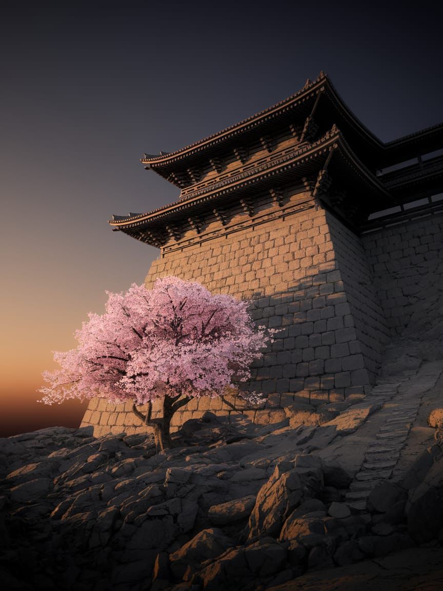 Ancient Ninja Stronghold Under Cherry Blossom Twilight