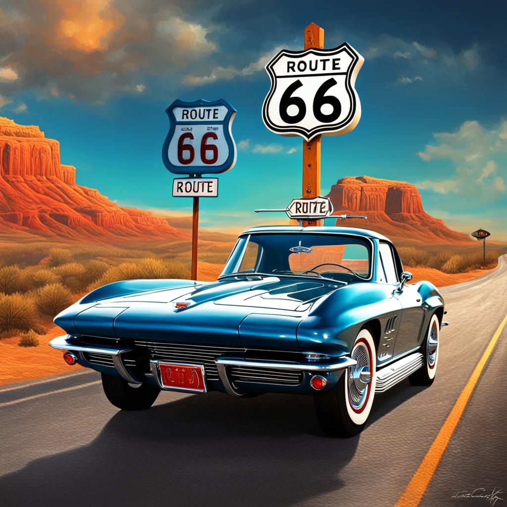 1963 Corvette on Route 66 in Hyperrealistic Splash Art
