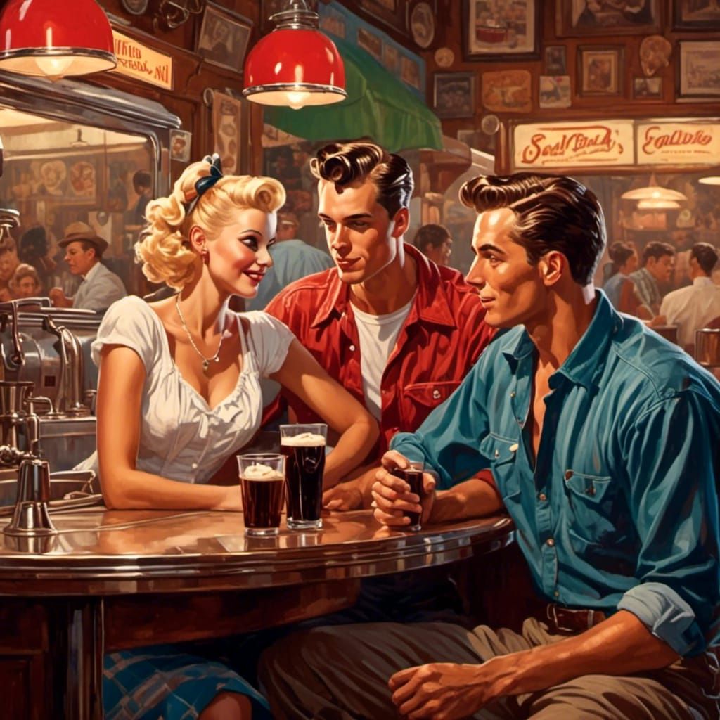 A teenage couple enjoying an root beer float at an old fashioned soda fountain in the style of Norman Rockwell Ma...