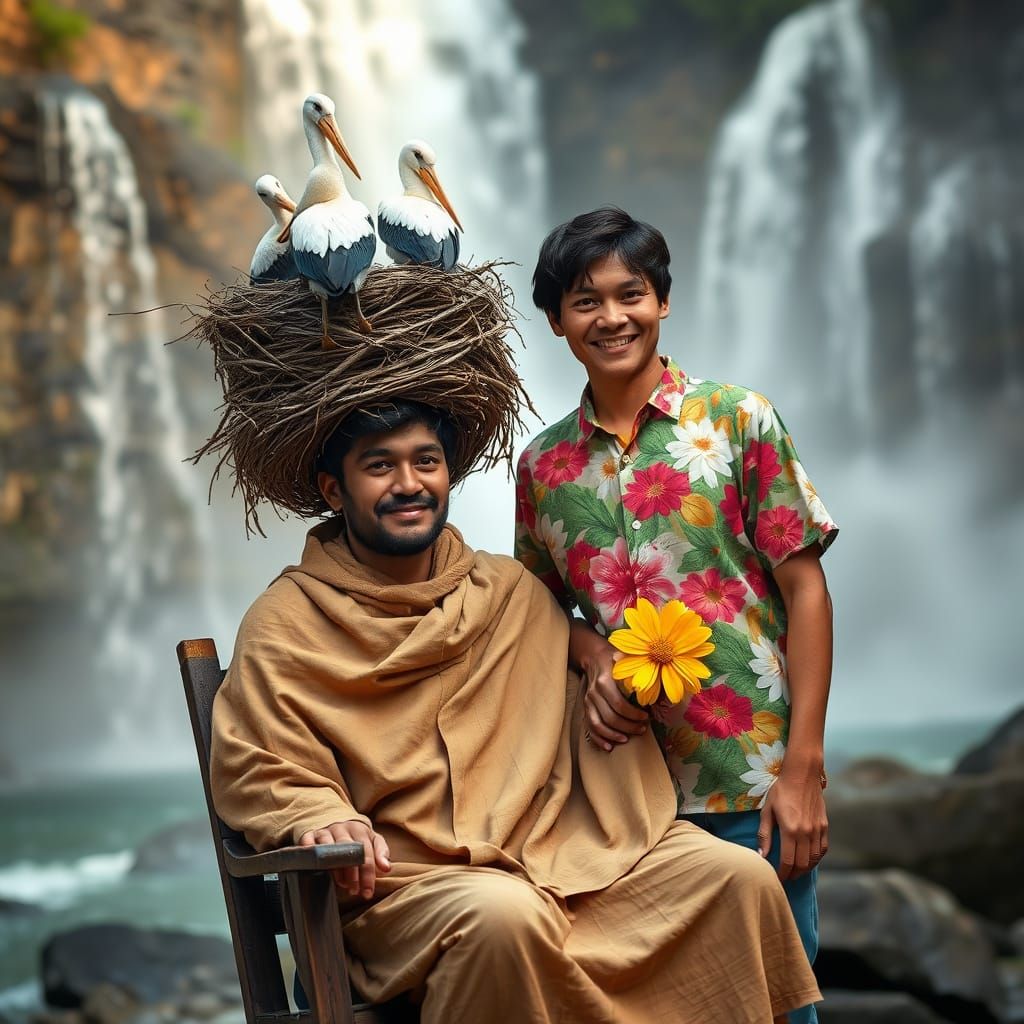 Person with Storks Nest and Cascading Waterfalls