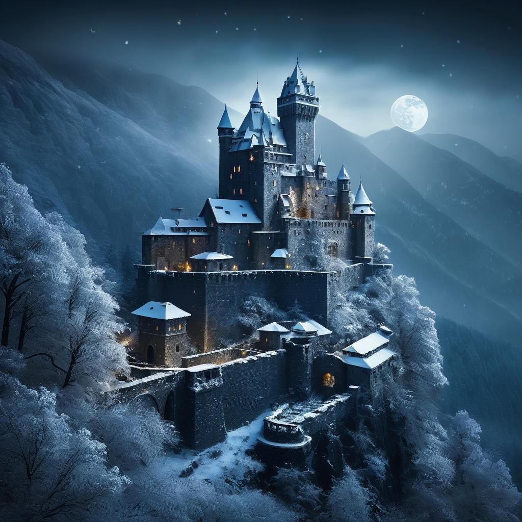 Moonlit Snow Fortress in Surreal Landscape