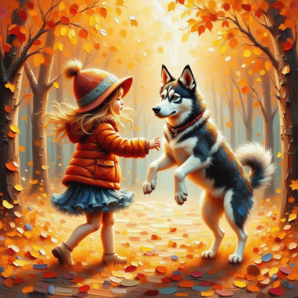 Girl and Dog Jumping in Autumn Leaves as Impasto Painting