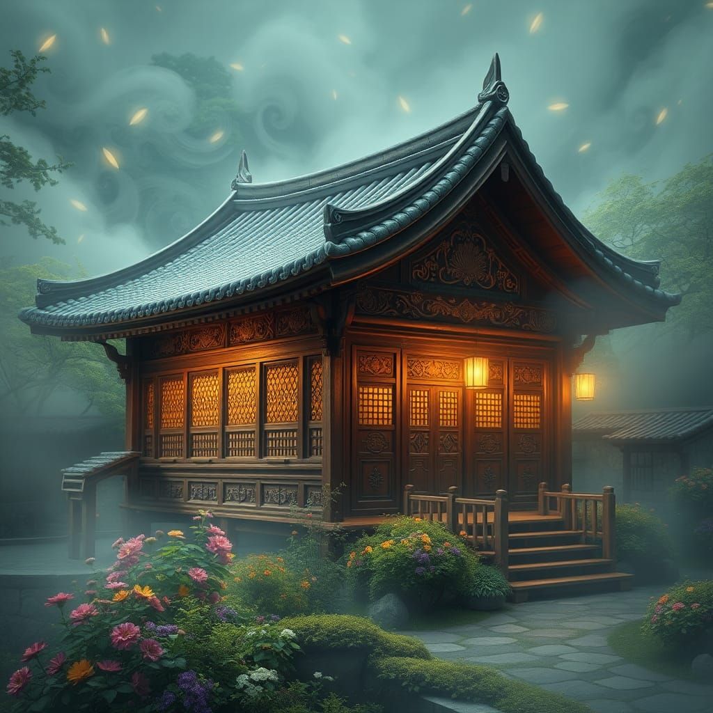 Mystical Korean Hanok House in Dreamlike Mist