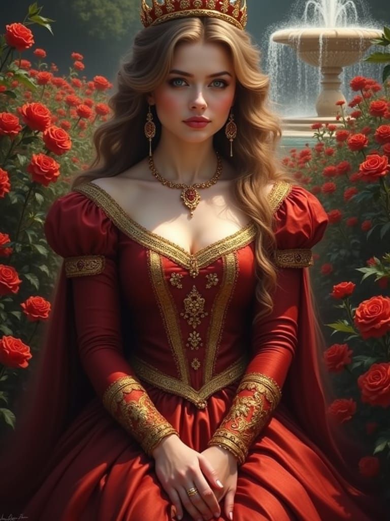 Queen in Red and Gold Dress in Garden by Fountain