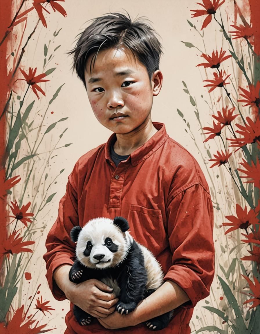 Boy with Panda: Whimsical Illustration in Pastel Colors