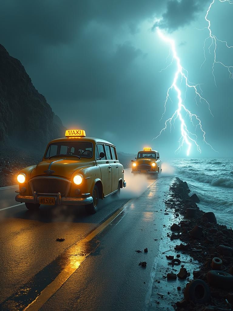 Vintage Taxi Vans on Desolate Island Highway
