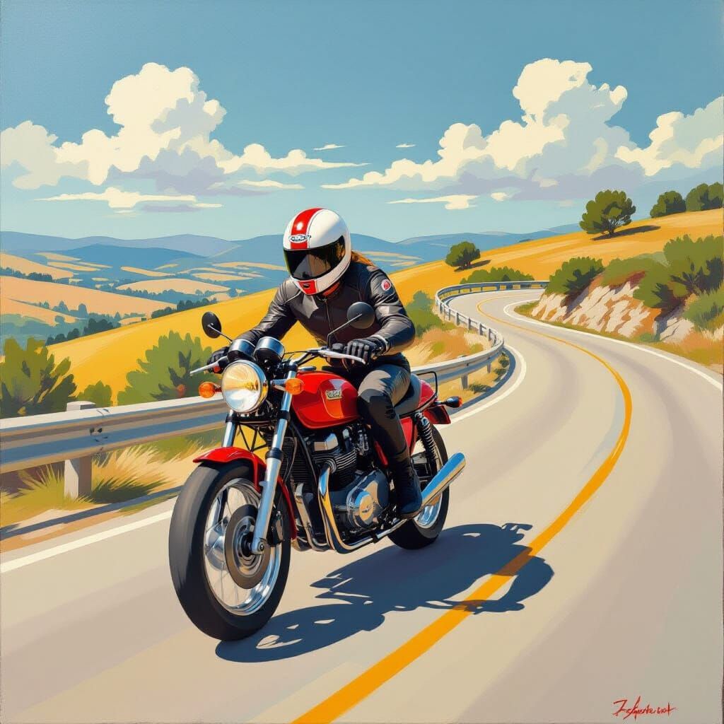 Motorbike Racer on Sunny Road: Pop Art Bird's-Eye View